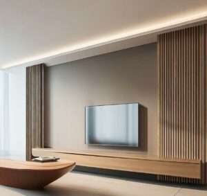 Diseño interior minimalista de mesa de TV, con paneles de pared WPC