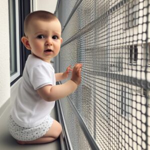 an anti-fall mesh on a balcony and a baby behind
