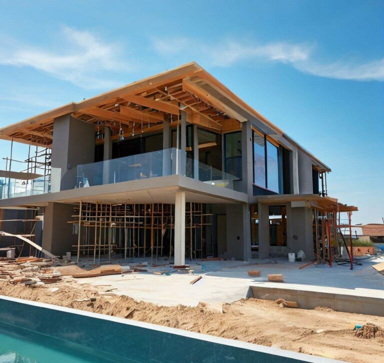 exterior de construcción de una casa moderna con piscina