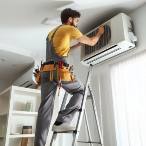 technician performs an air conditioning repair at home